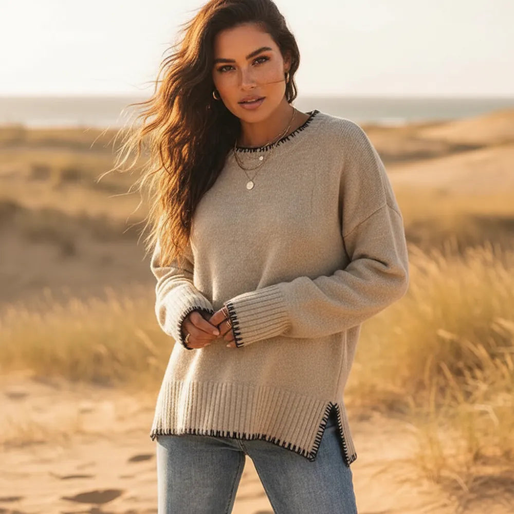 Women's Oversized Sweater With Contrast Edge Stitching - Khaki