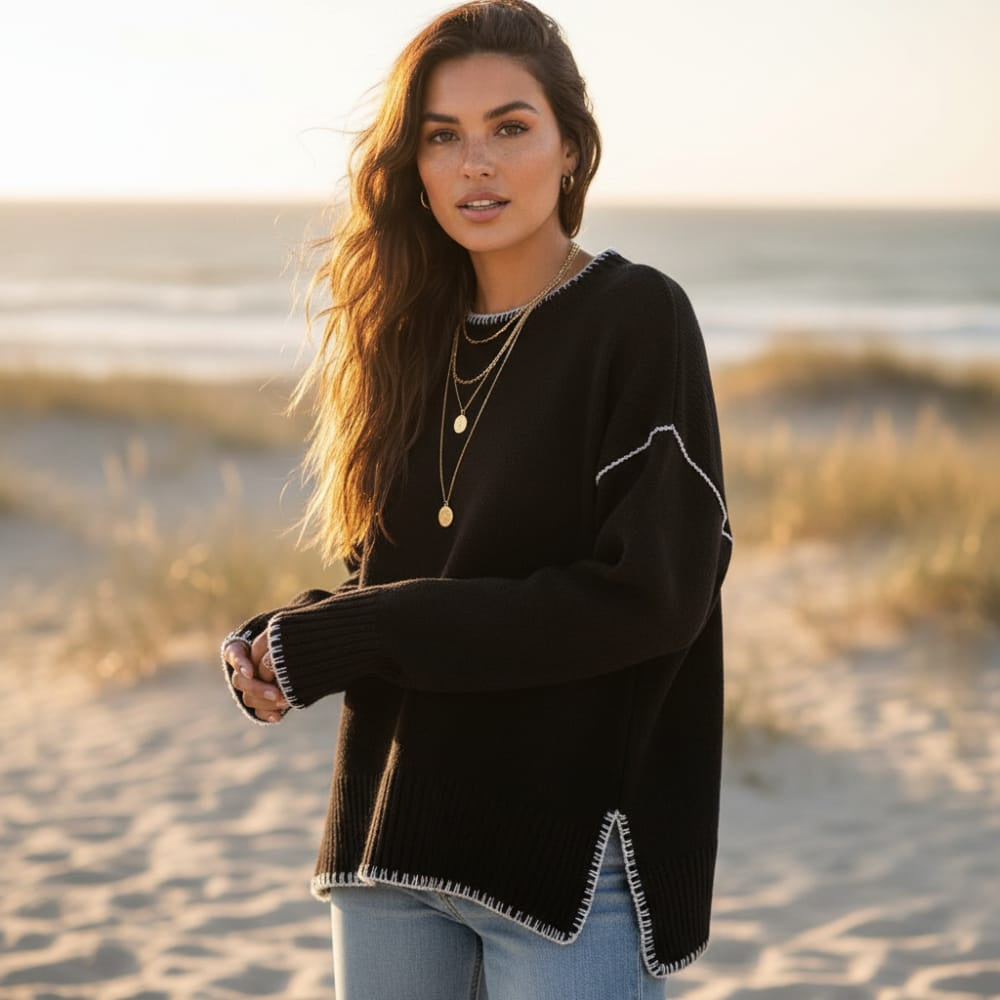 Women's Oversized Sweater With Contrast Edge Stitching - Black