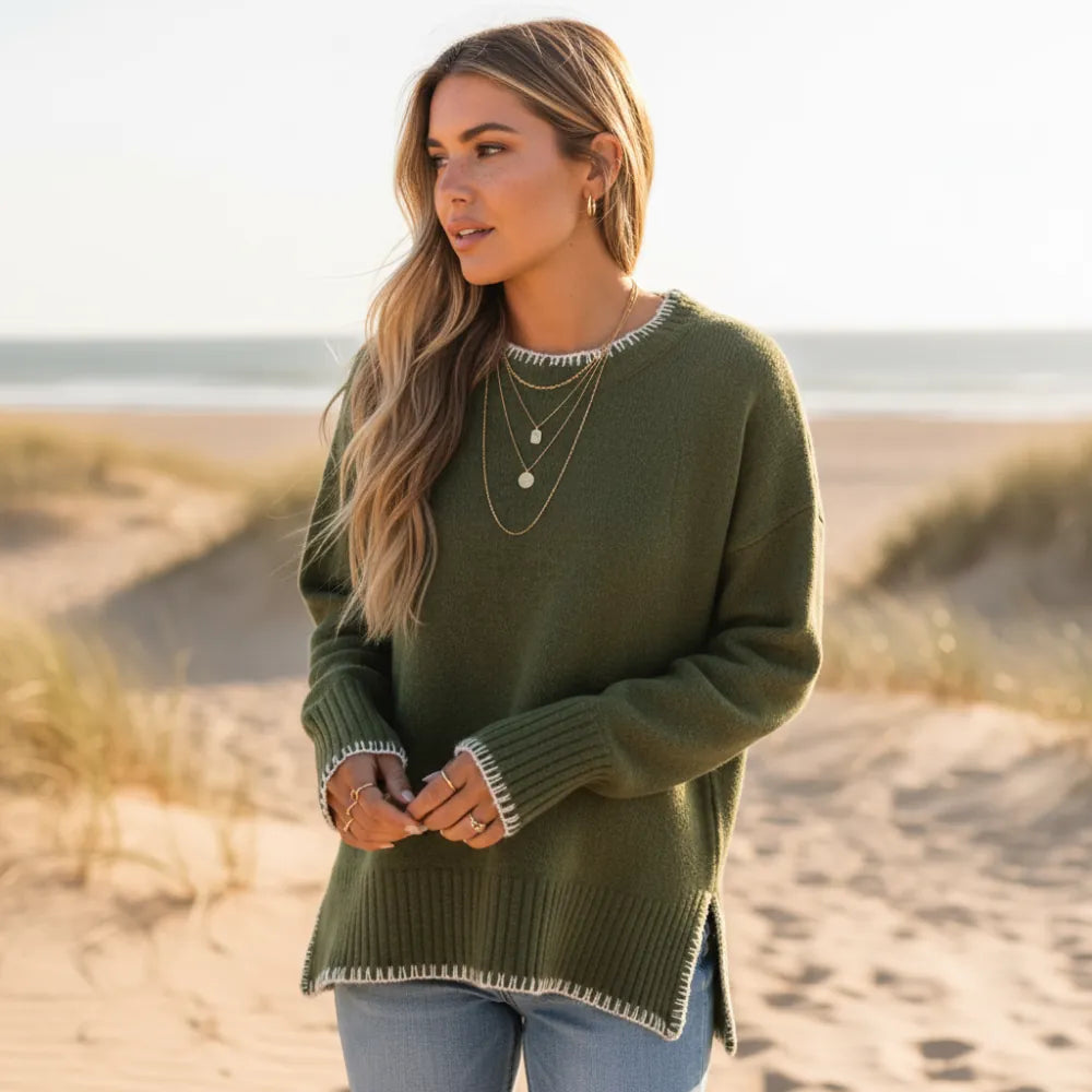 Women's Oversized Sweater With Contrast Edge Stitching - Army Green