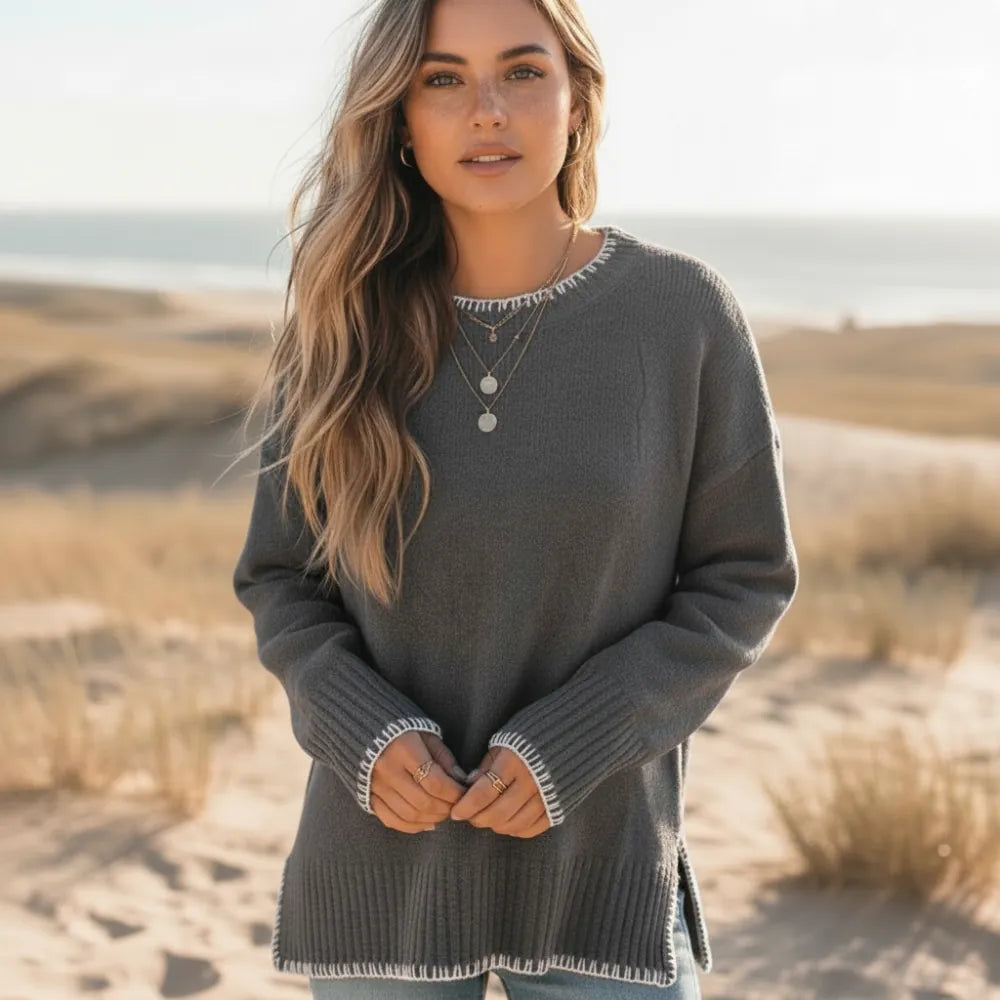 Women's Oversized Sweater With Contrast Edge Stitching - Dark Gray