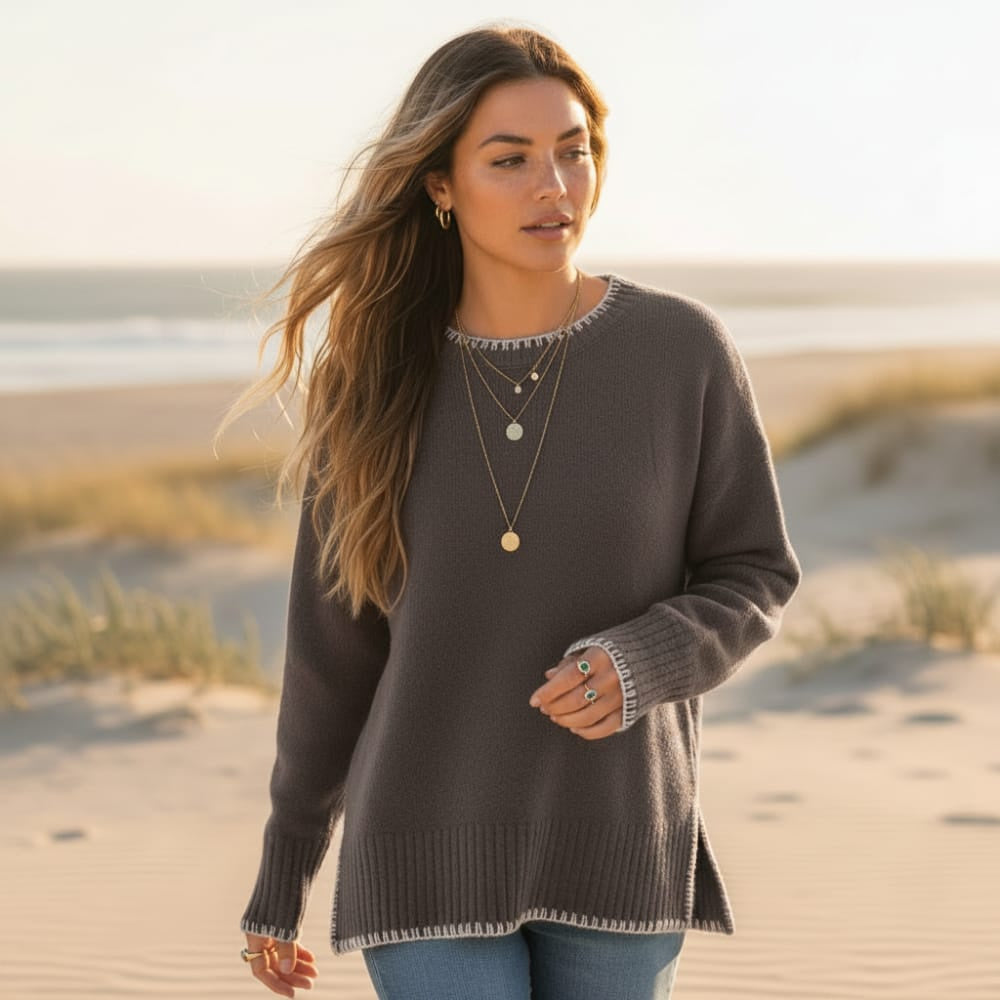 Women's Oversized Sweater With Contrast Edge Stitching - Taupe