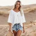 Women's Oversized V-Neck Shirt With Three-Quarter Sleeves - White