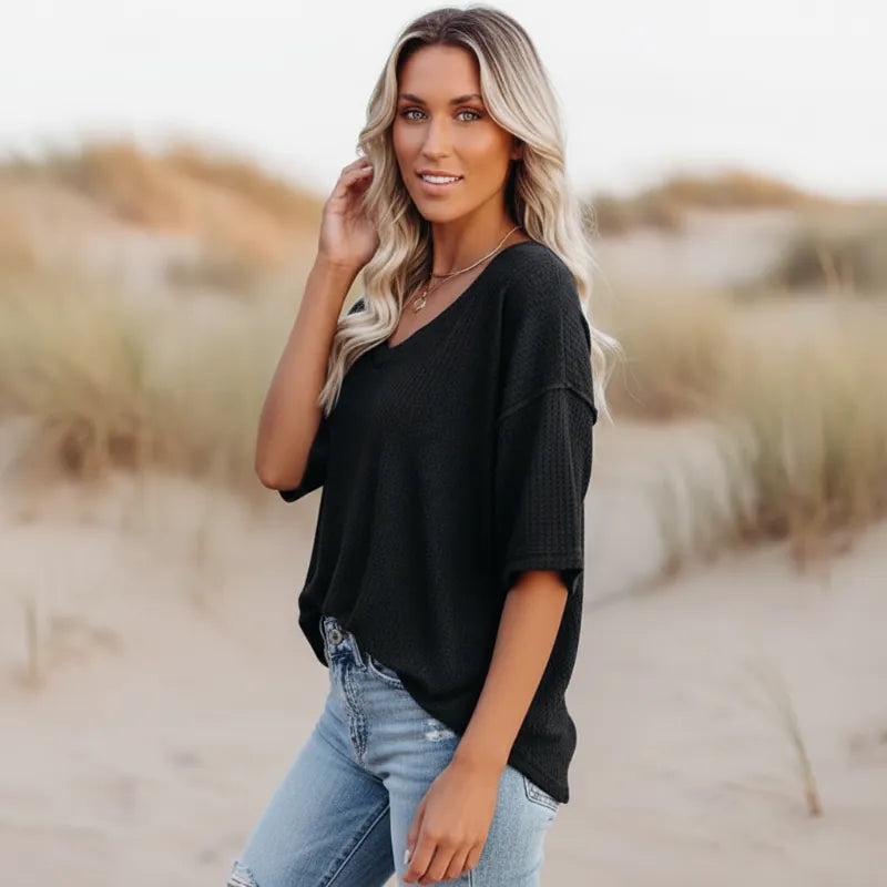 Women's Oversized V-Neck Shirt With Three-Quarter Sleeves - Black