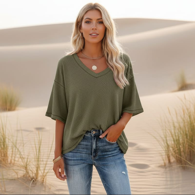 Women's Oversized V-Neck Shirt With Three-Quarter Sleeves - Army Green