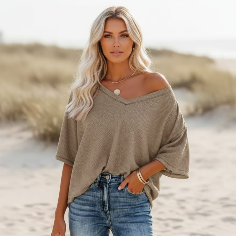 Women's Oversized V-Neck Shirt With Three-Quarter Sleeves - Khaki