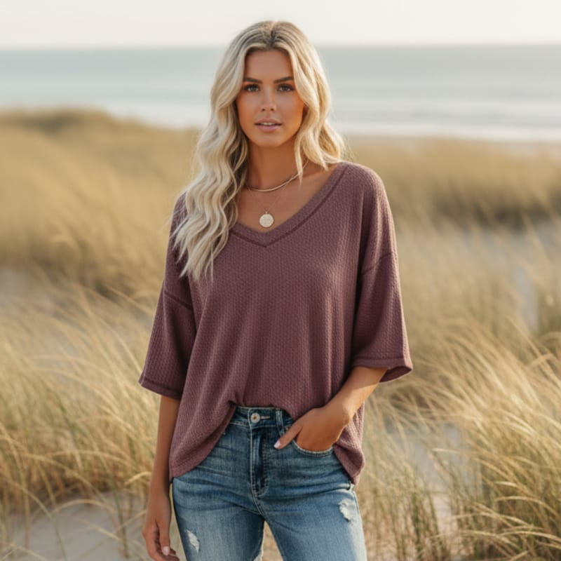 Women's Oversized V-Neck Shirt With Three-Quarter Sleeves - Dark Mauve