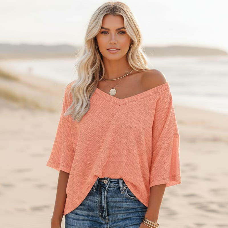 Women's Oversized V-Neck Shirt With Three-Quarter Sleeves - Coral