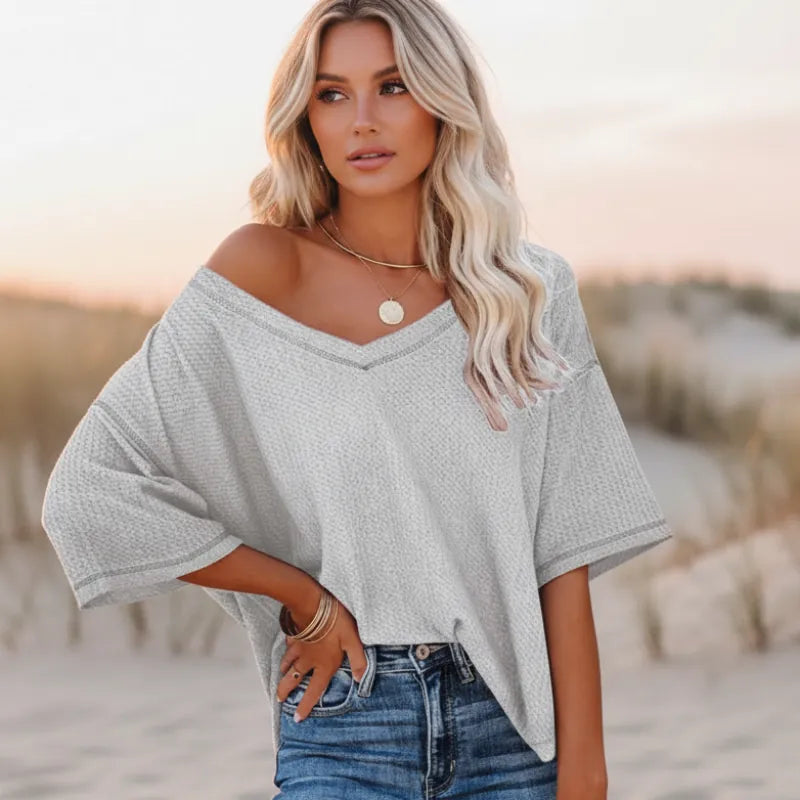 Women's Oversized V-Neck Shirt With Three-Quarter Sleeves - Gray