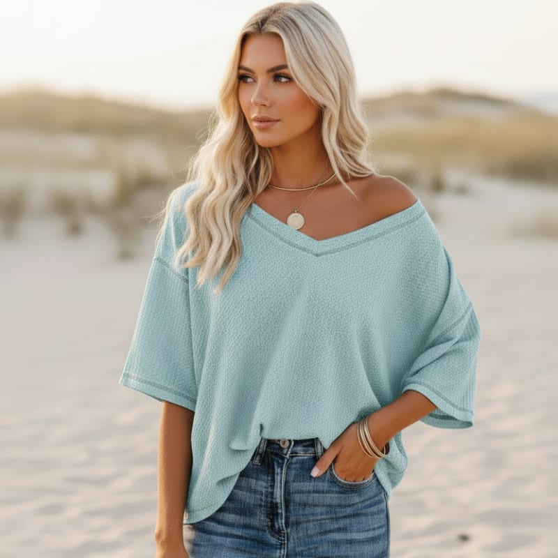 Women's Oversized V-Neck Shirt With Three-Quarter Sleeves - Light Blue