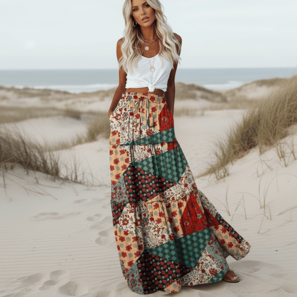 Women's Patchwork Print Maxi Skirt With Elastic Waist - Red
