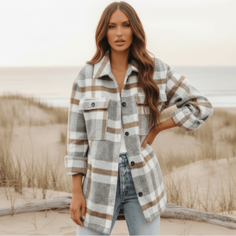 Women's Plaid Flannel Jacket With Oversized Front Pockets - Light Gray