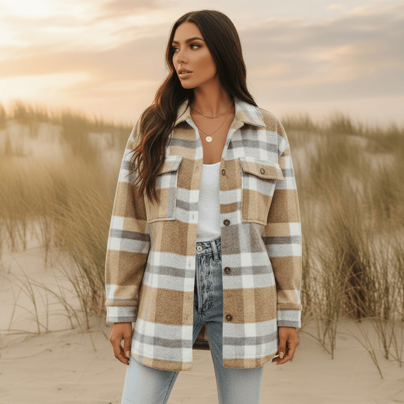 Women's Plaid Flannel Jacket With Oversized Front Pockets - Khaki