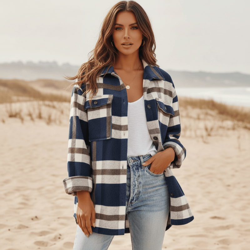 Women's Plaid Flannel Jacket With Oversized Front Pockets - Navy Blue