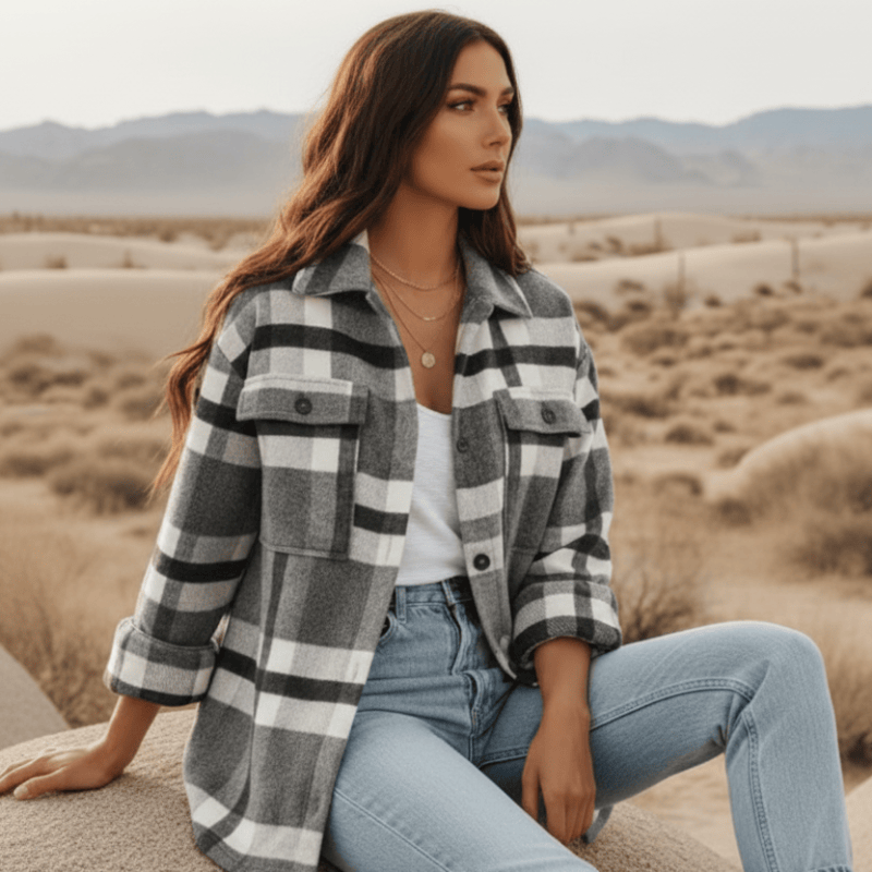 Women's Plaid Flannel Jacket With Oversized Front Pockets - Dark Gray