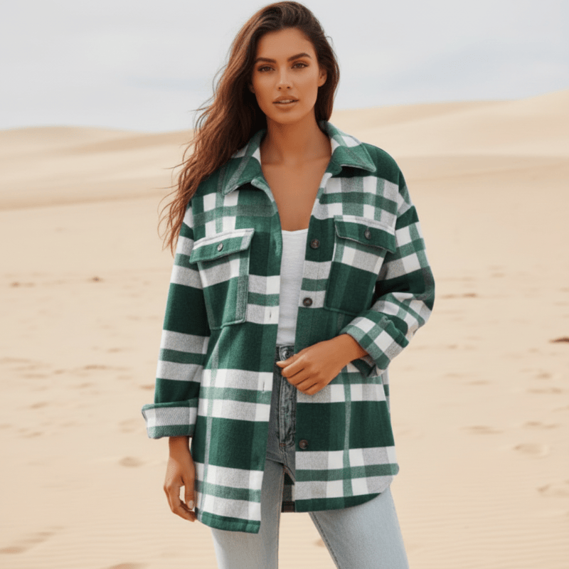 Women's Plaid Flannel Jacket With Oversized Front Pockets - Green
