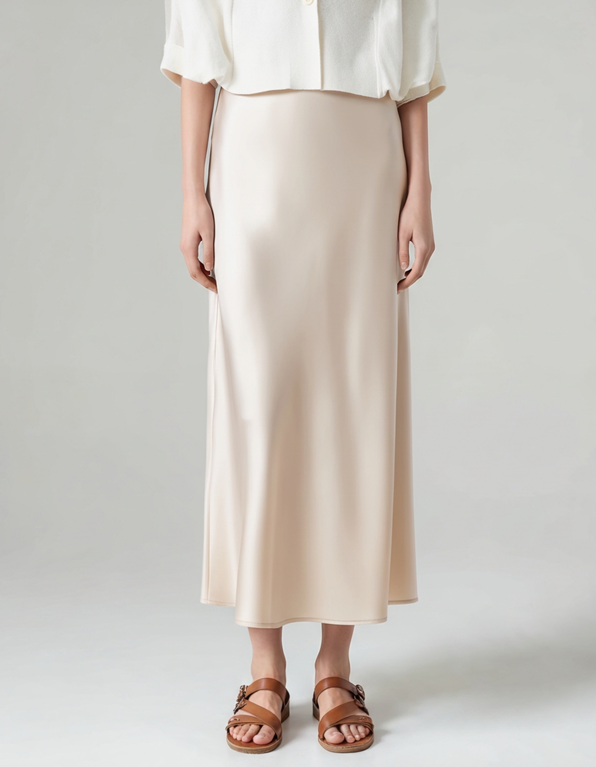 Women's Plain Midi Skirt With a Gently Flared Hem - Beige