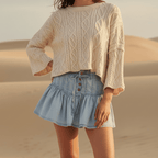 Women's Pleated Denim Mini Skirt With Button Front - Light Blue