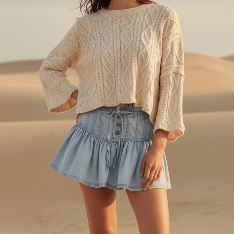 Women's Pleated Denim Mini Skirt With Button Front - Light Blue