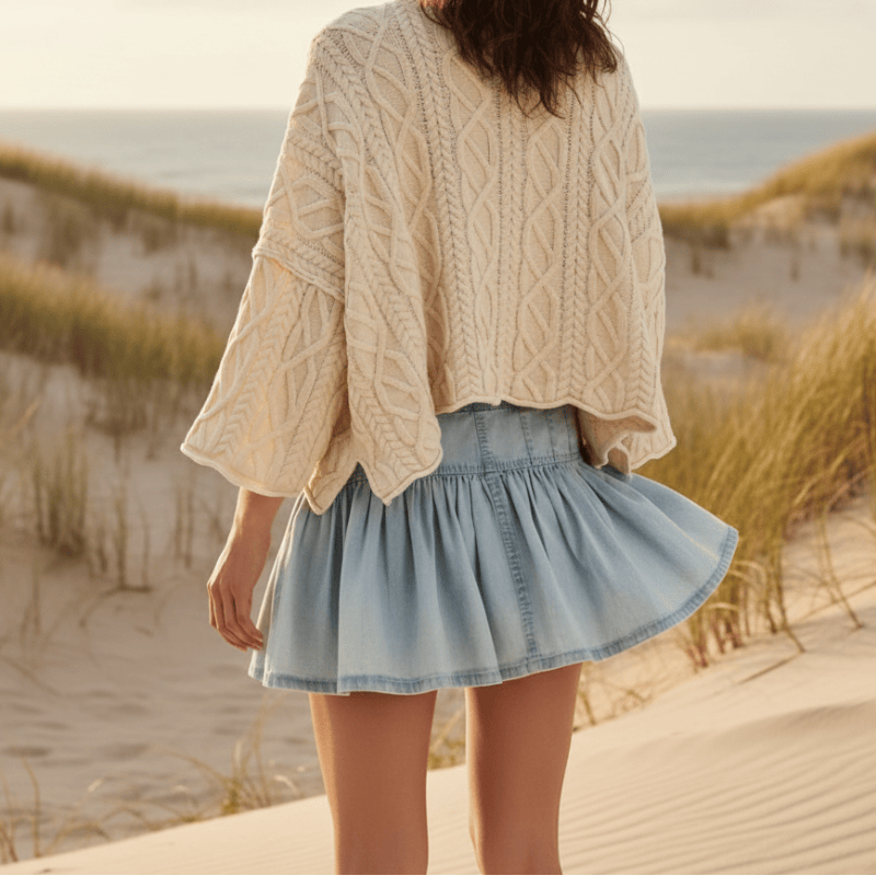 Women's Pleated Denim Mini Skirt With Button Front - Light Blue