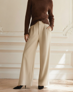 Women's Pleated Wide-Leg Trousers With Side Pockets - Beige