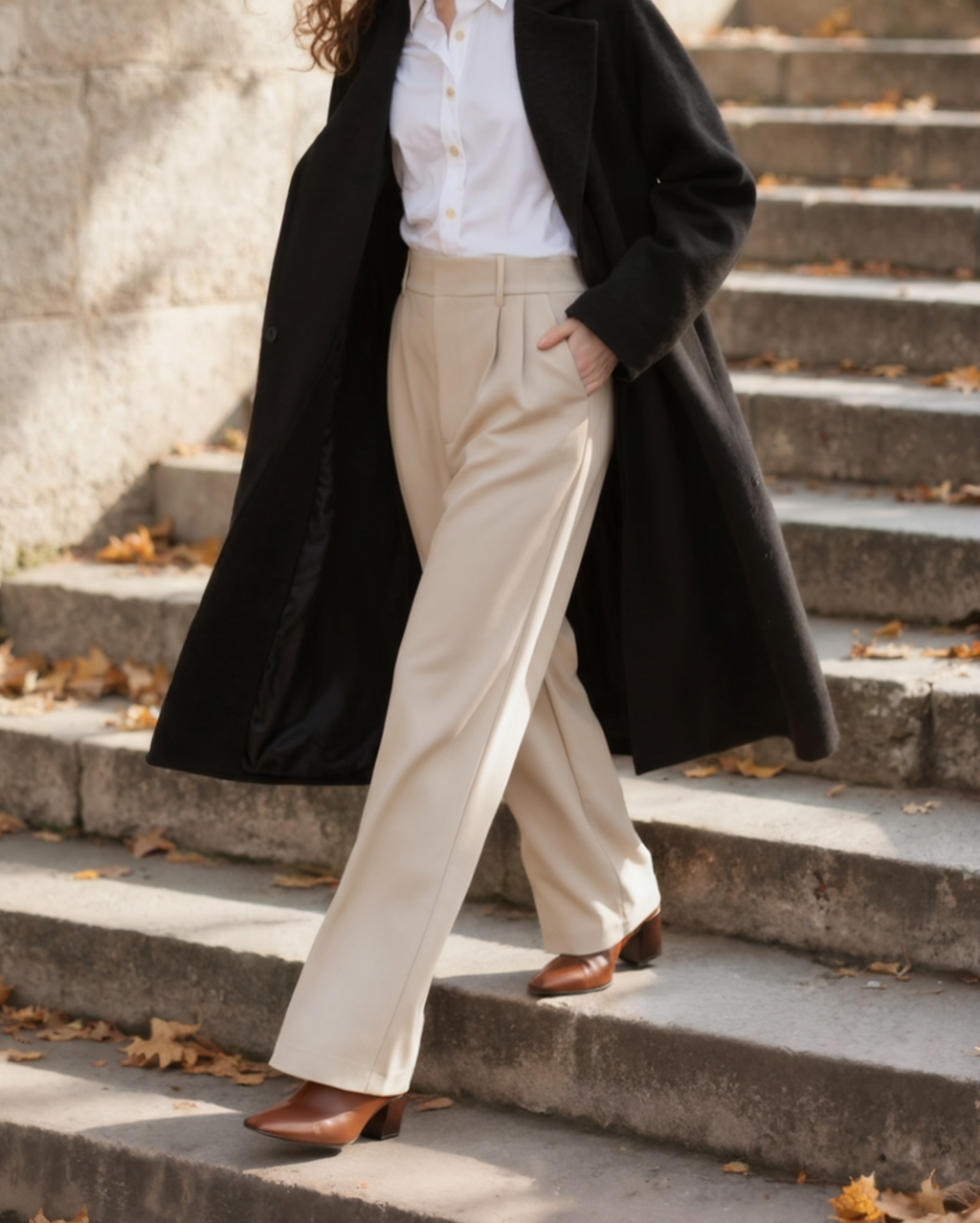 Women's Pleated Wide-Leg Trousers With Side Pockets - Beige