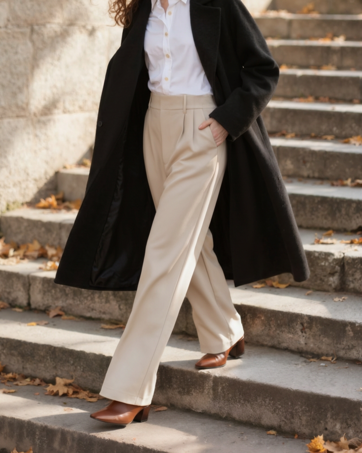 Women's Pleated Wide-Leg Trousers With Side Pockets - Beige