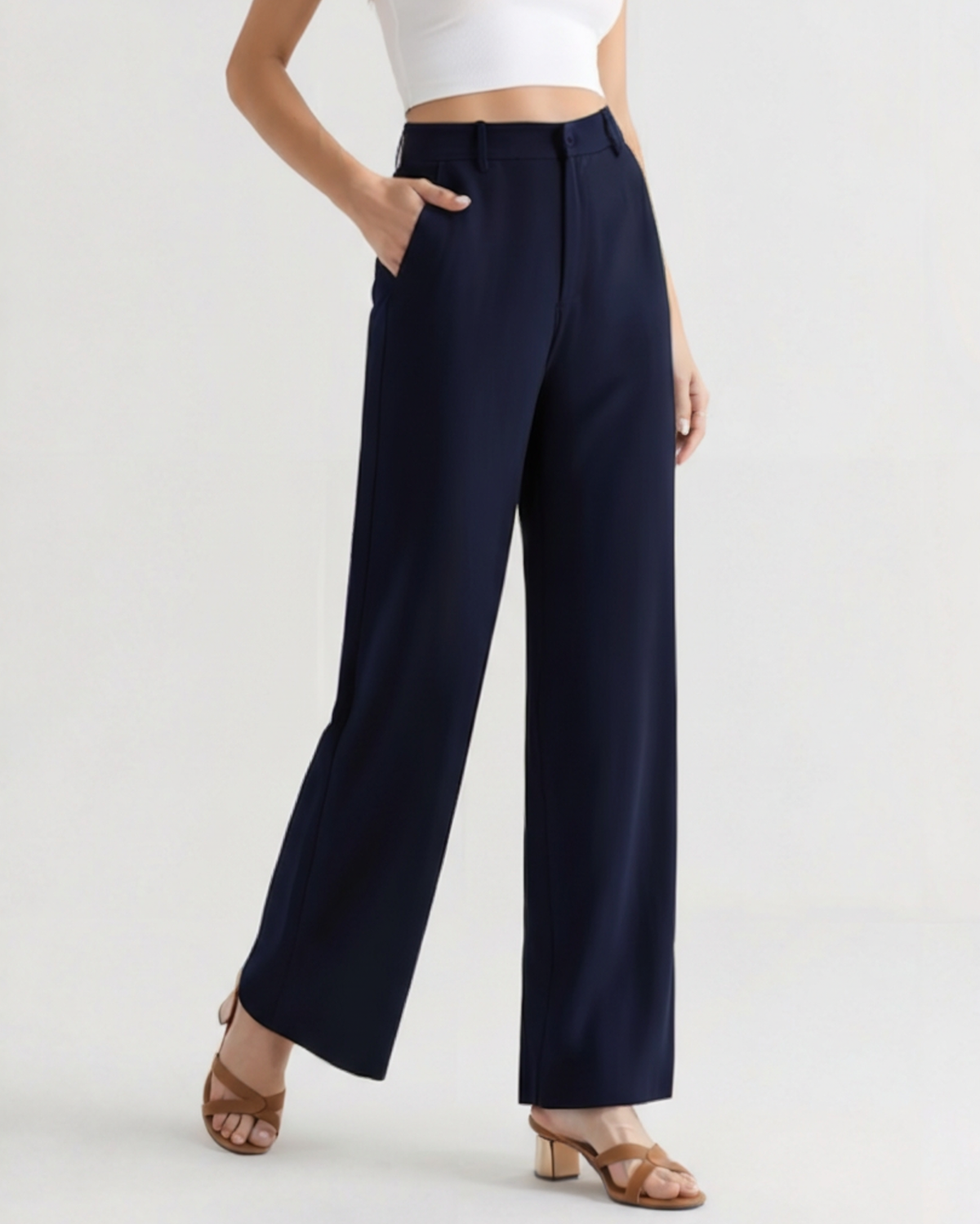 Women's Pleated Wide-Leg Trousers With Side Pockets - Navy