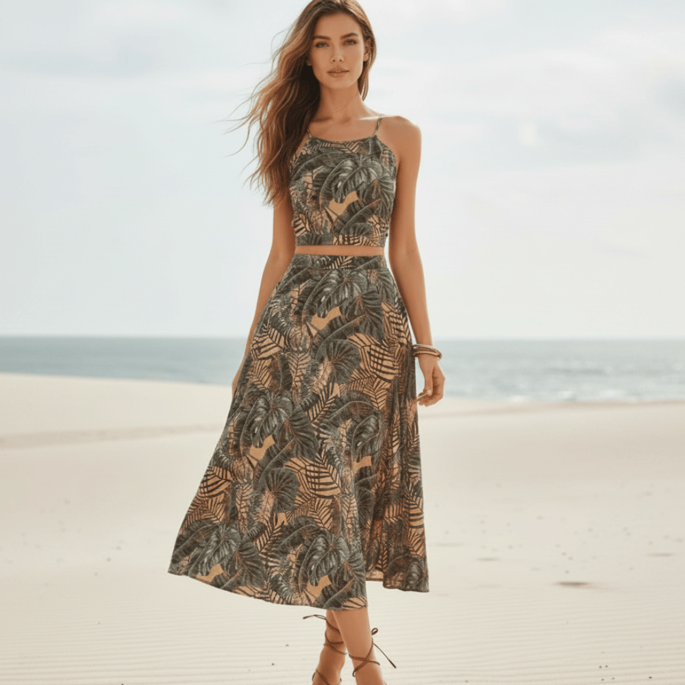 Women's Printed Crop Top and Midi Skirt Two-Piece Set - Gray