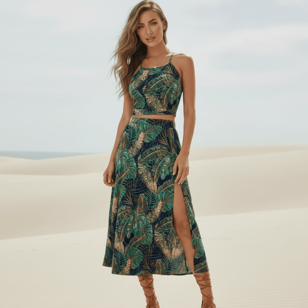 Women's Printed Crop Top and Midi Skirt Two-Piece Set - Green