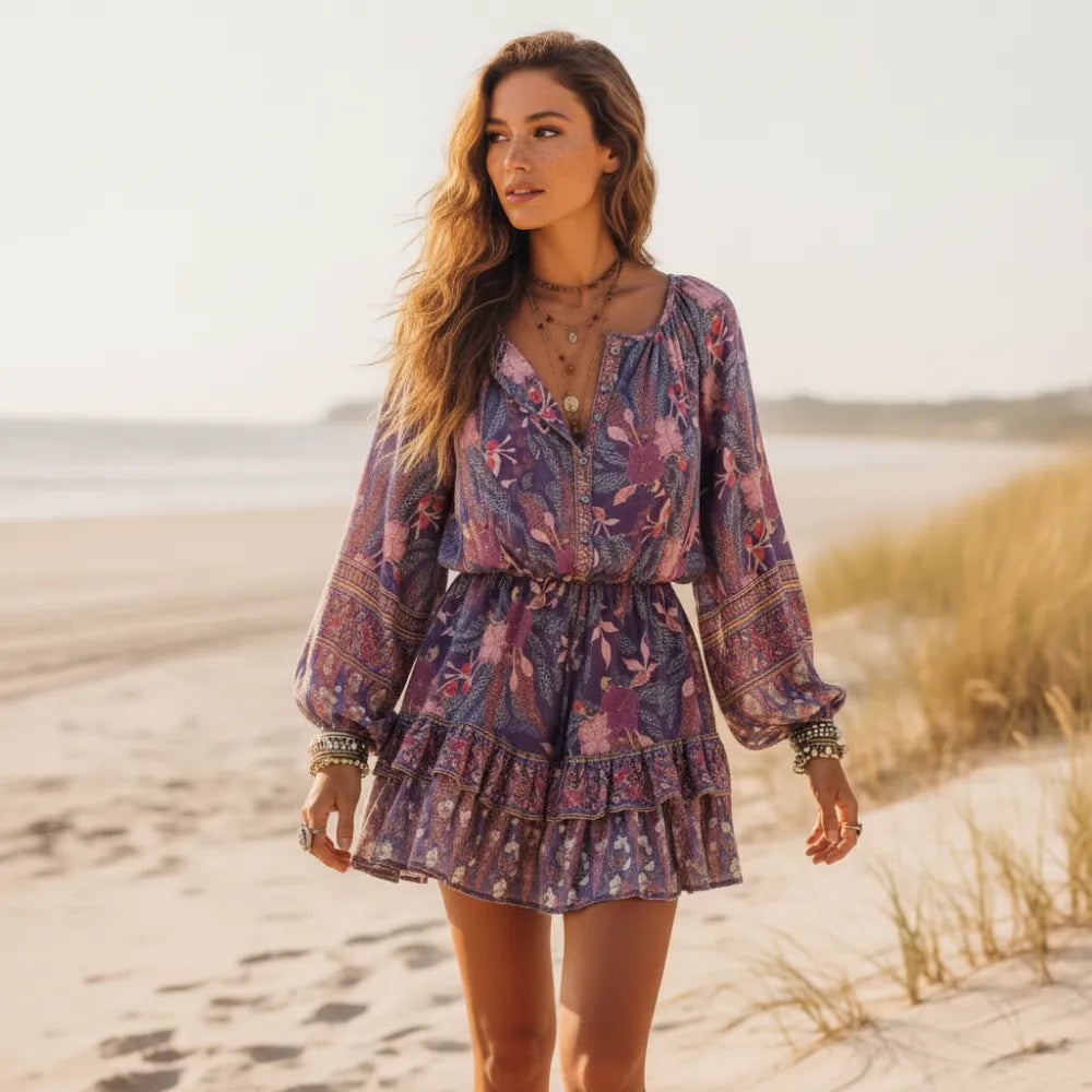 Women's Printed Mini Dress With Drawstring Waist - Purple