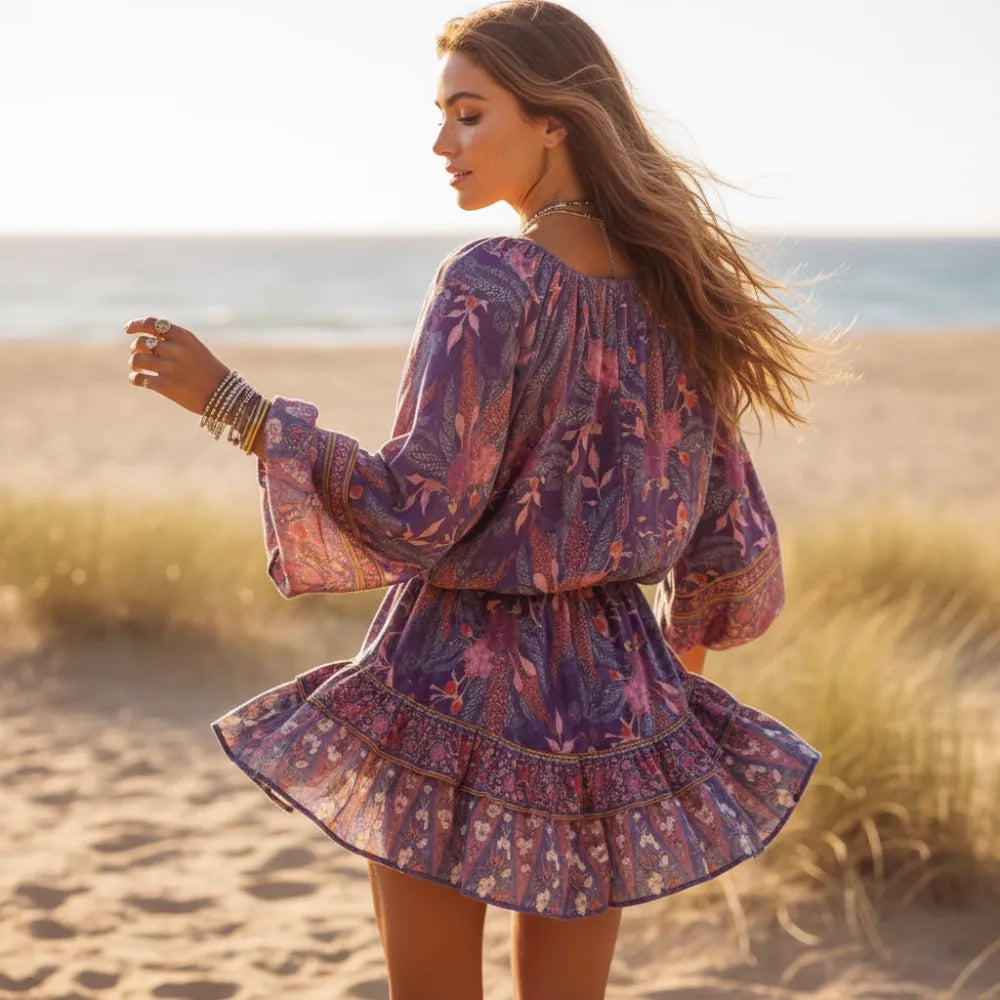 Women's Printed Mini Dress With Drawstring Waist - Purple