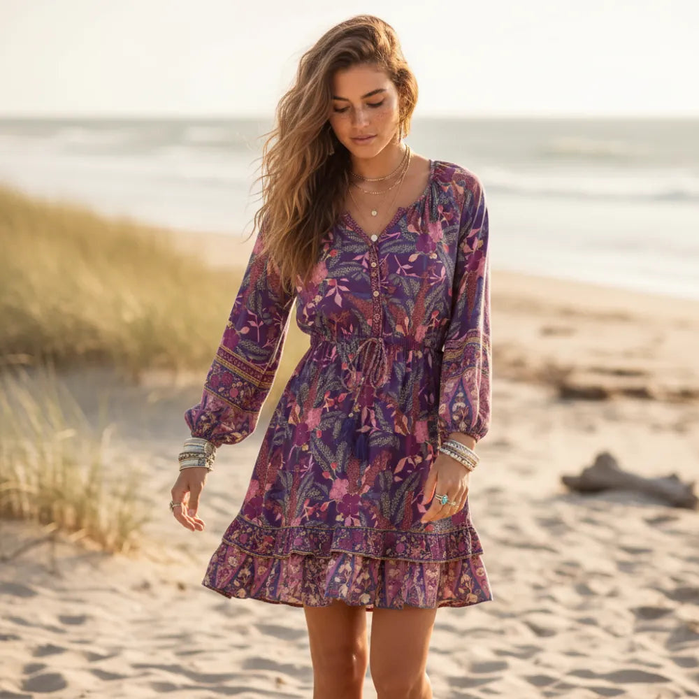 Women's Printed Mini Dress With Drawstring Waist - Purple