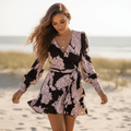 Women's Printed Mini Dress With Ruffle Hem and V-Neck - Black Pink