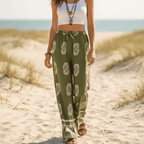 Women's Printed Palazzo Trousers With Elastic Waistband - Olive