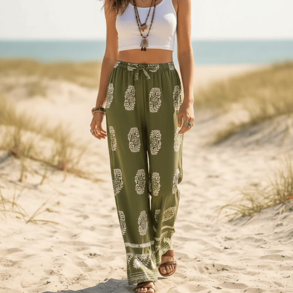 Women's Printed Palazzo Trousers With Elastic Waistband - Olive