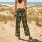 Women's Printed Palazzo Trousers With Elastic Waistband - Olive