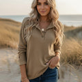 Women's Ribbed Long Sleeve Top With Button Neckline - Khaki