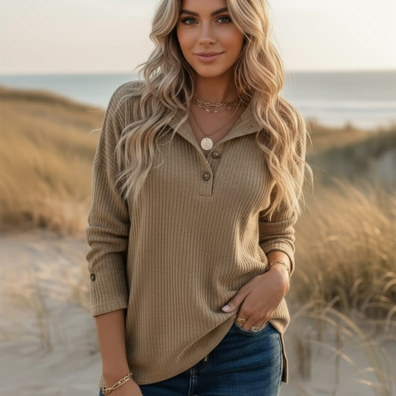 Women's Ribbed Long Sleeve Top With Button Neckline - Khaki
