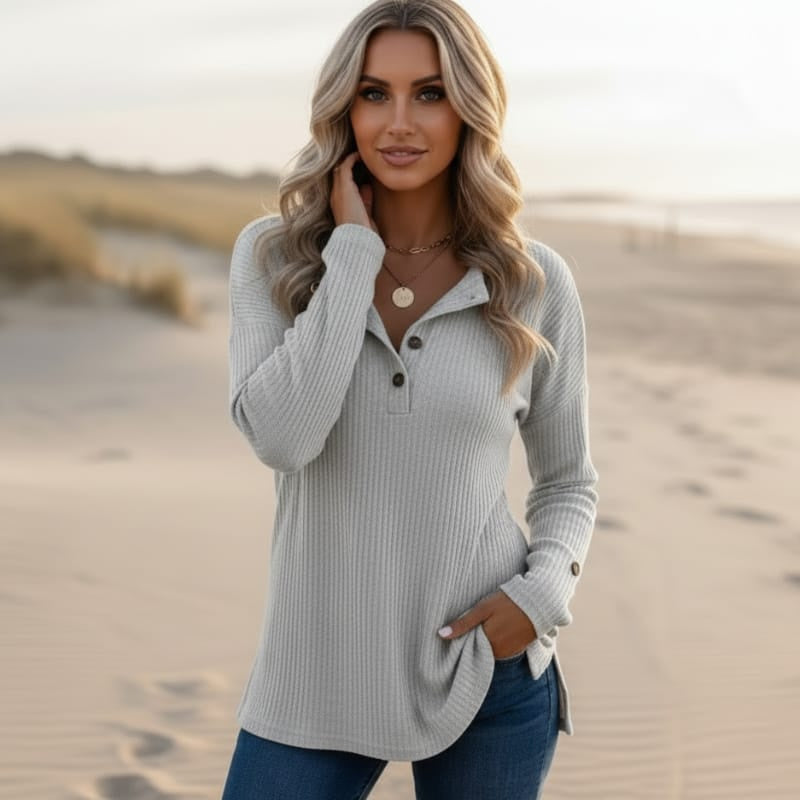 Women's Ribbed Long Sleeve Top With Button Neckline - Gray