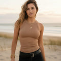 Women's Ribbed Tank Top With High Round Neckline - Camel
