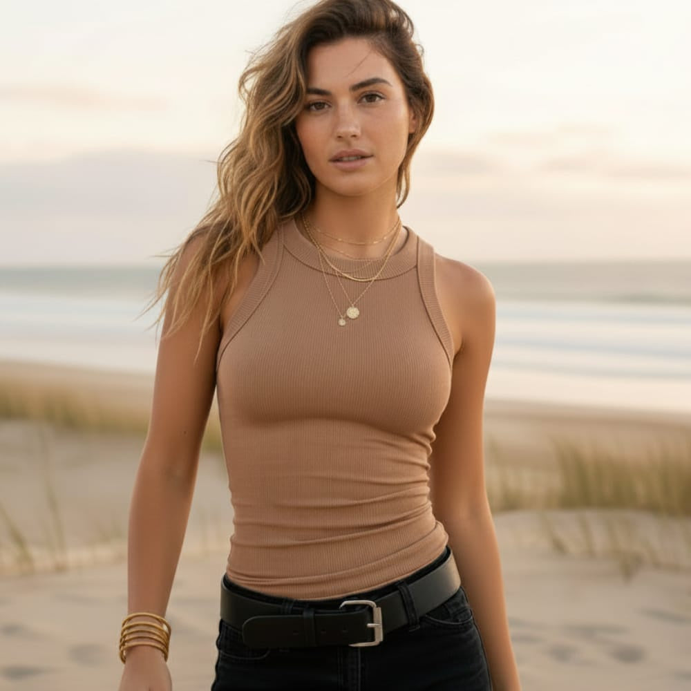Women's Ribbed Tank Top With High Round Neckline - Camel