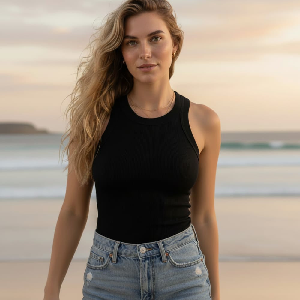 Women's Ribbed Tank Top With High Round Neckline - Black