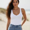 Women's Ribbed V-Neck Tank Top With Racerback Cut - White