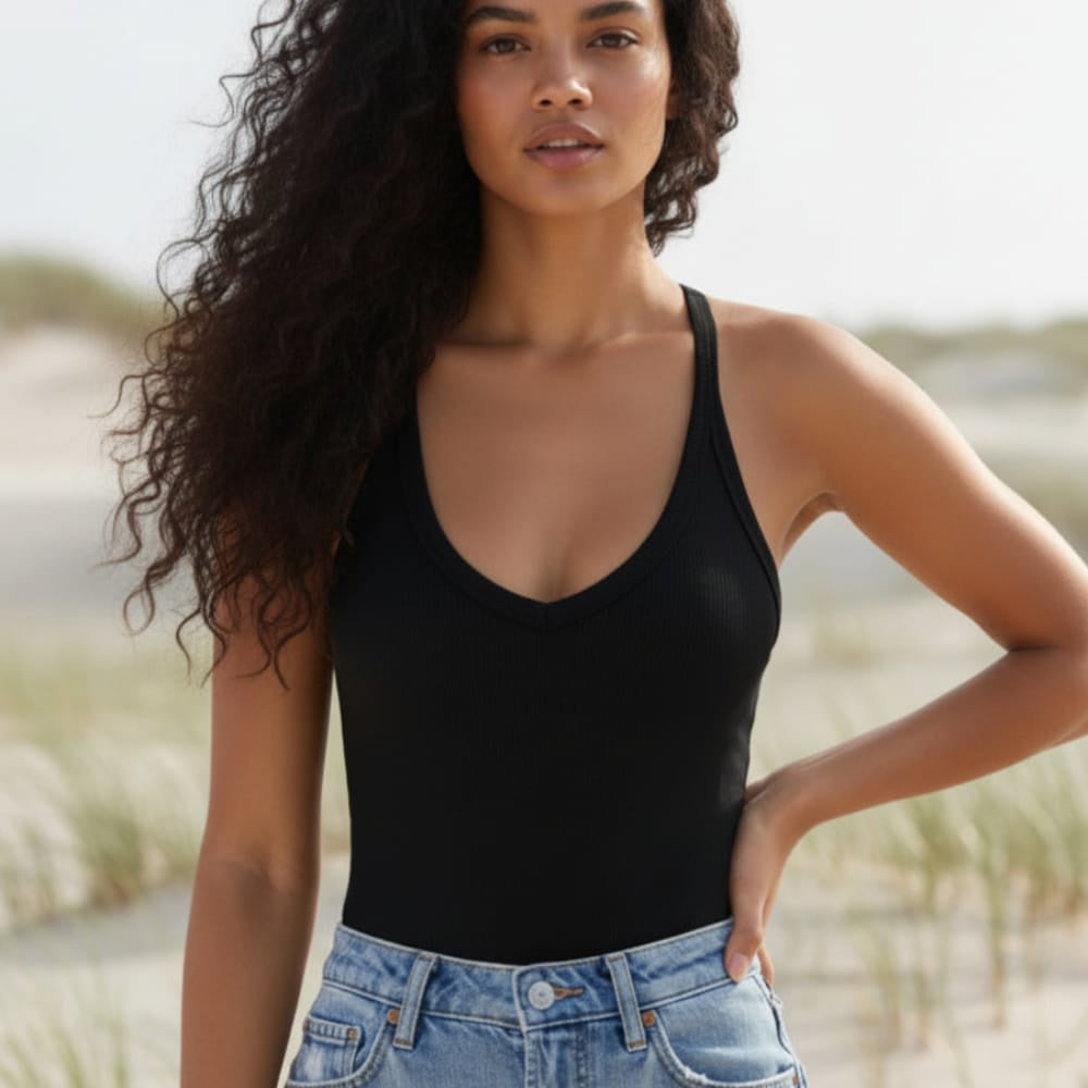 Women's Ribbed V-Neck Tank Top With Racerback Cut - Black