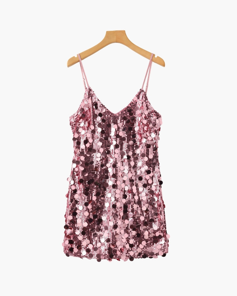 Women's Sequin Mini Dress With Fine Shoulder Straps - Rose gold