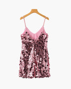 Women's Sequin Mini Dress With Fine Shoulder Straps - Rose gold