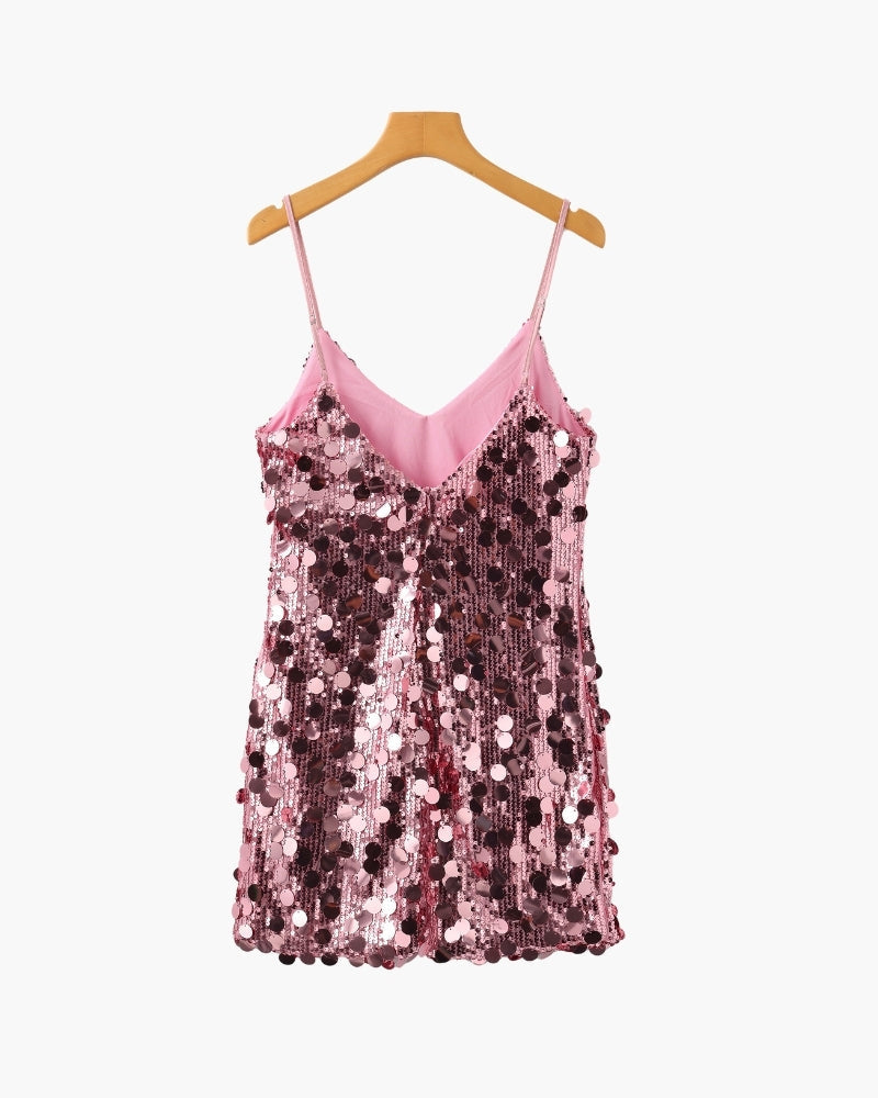 Women's Sequin Mini Dress With Fine Shoulder Straps - Rose gold