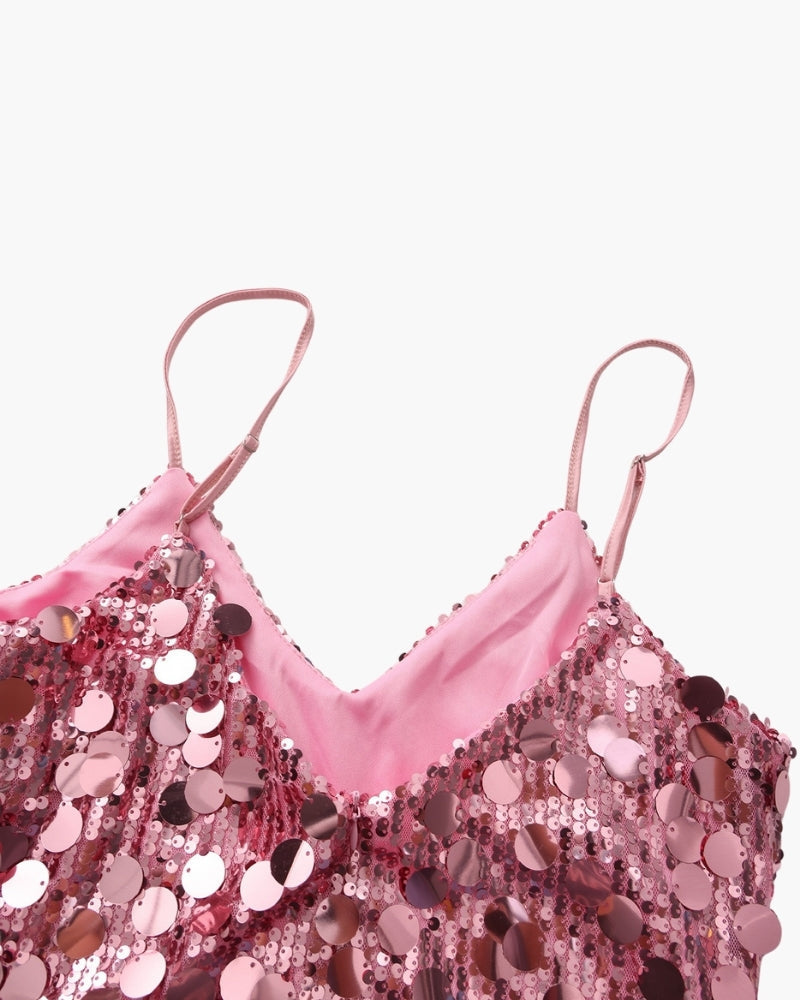 Women's Sequin Mini Dress With Fine Shoulder Straps - Rose gold