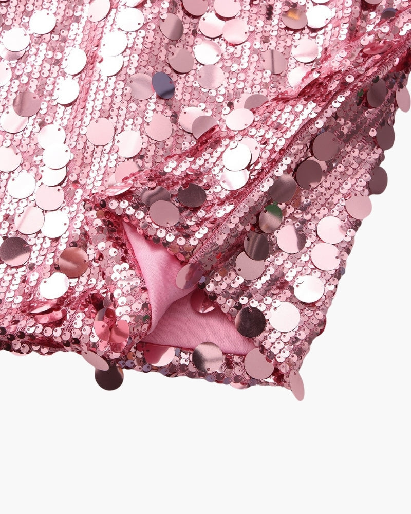 Women's Sequin Mini Dress With Fine Shoulder Straps - Rose gold