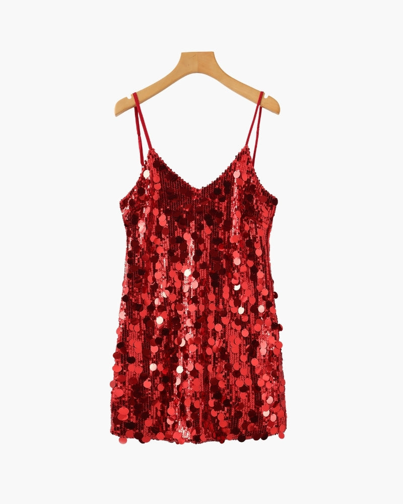 Women's Sequin Mini Dress With Fine Shoulder Straps - Red